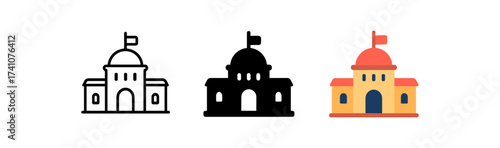 Government building icons in outline, silhouette, and flat color styles