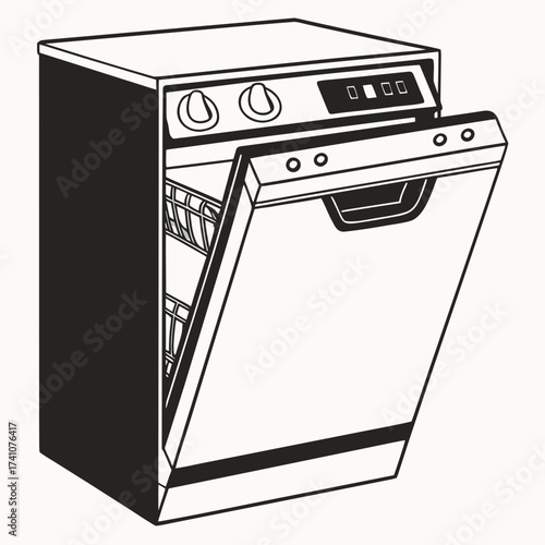 Open dishwasher with racks and control panel kitchen appliance