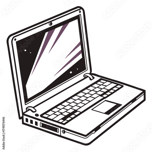Open laptop computer with purple and black screen reflections