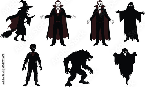Stylized Halloween character illustrations, witch, vampire, ghost, zombie, werewolf, spooky costume icons for festive design and seasonal decoration