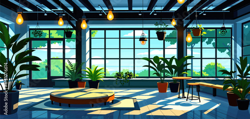 Bright Indoor Garden Cafe with Hanging Plants and Natural Light