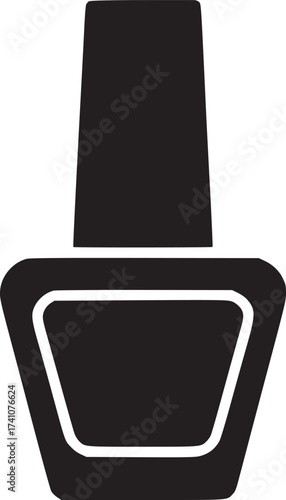 A simple black and white illustration of a nail polish bottle with a rectangular cap and body shape