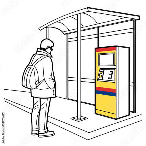 Person at colorful ticket machine under bus stop shelter