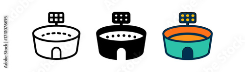 Modern arena designs in icon styles: outline, solid, and colorful versions