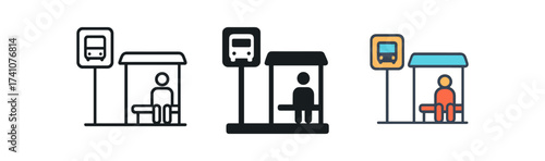 Urban bus stop icons: line, bold, and colorful styles for modern transportation design