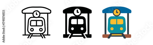 Minimalist train station icons: outline, solid, and colorful designs with clock symbol