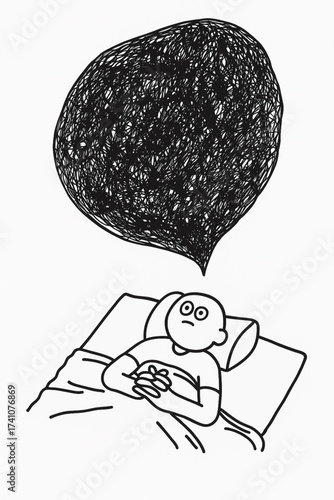 Simple Line Drawing of a Person in Bed Staring Up at a Large, Scribbled Black Speech Bubble Representing Anxiety, Stress, and Overthinking Insomnia.  Adobe Illustrator Artwork