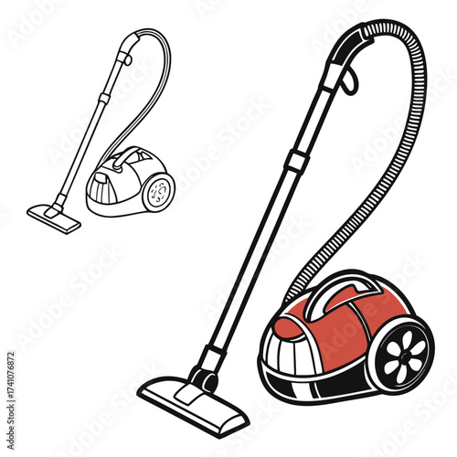 Red and black canister vacuum cleaner with hose and nozzle
