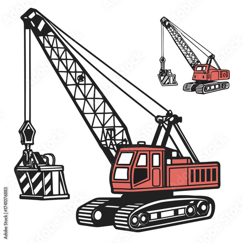 Red and black crane with clamshell bucket and smaller crane