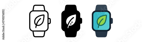Eco-friendly smartwatch icons in minimalistic, outline, and colored styles
