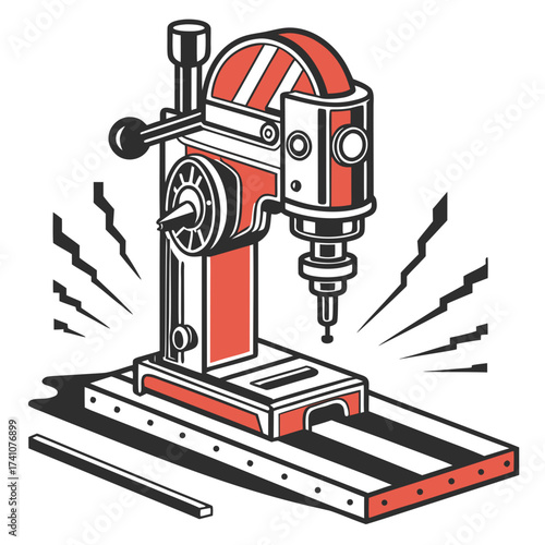 Red and black drill press on white background milling machine