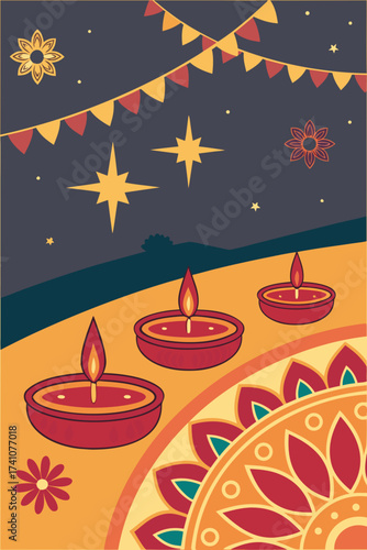 Colorful Diwali Festival Vector Background with Diyas and Rangoli