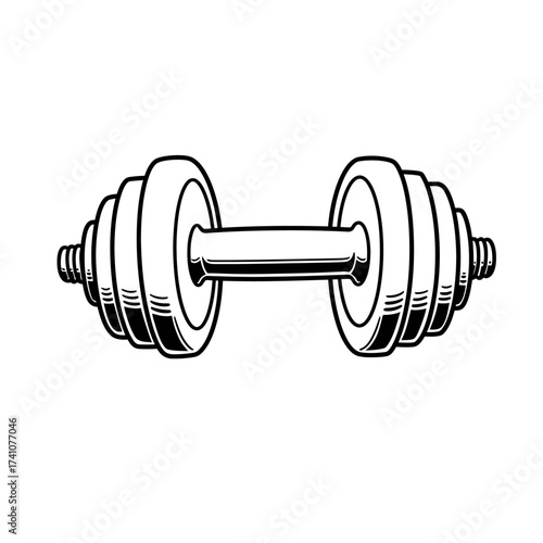 Classic hand drawn dumbbell single weight barbell for fitness and exercise isolated on white background