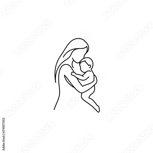 Minimalist single line drawing of a mother holding her newborn baby with love and tenderness isolated on white background