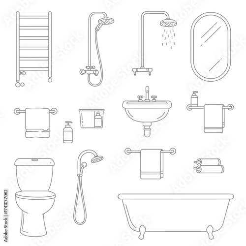 Collection of bathroom fixtures and accessories simple outline drawings for design projects isolated on white background
