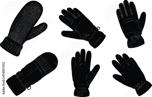 Winter gloves and mittens vector set with knitted, leather, strap, simple, and warm designs for cold season accessories and fashion