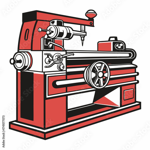Red and black industrial lathe machine vector illustration
