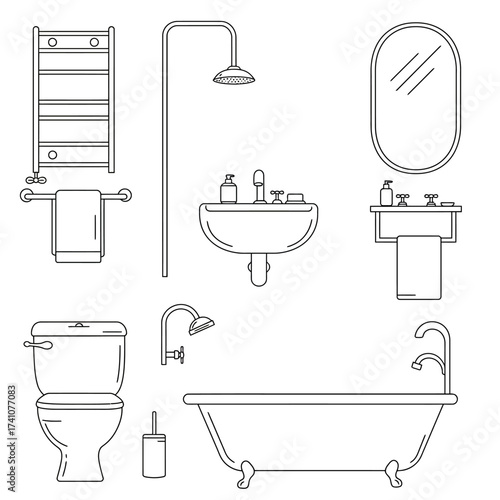 Clean bathroom fixtures and accessories collection set line art isolated on white background