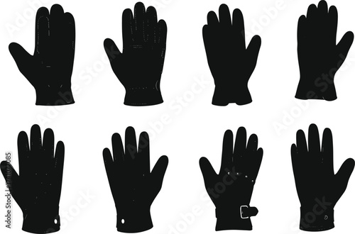 Winter gloves and mittens vector set with knitted, leather, strap, simple, and warm designs for cold season accessories and fashion