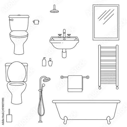 Hand-drawn sketch of bathroom fixtures including toilet sink mirror bathtub and shower elements isolated on white background