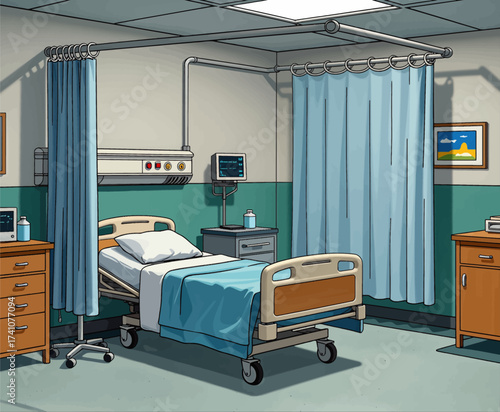Calm Hospital Room with Blue Curtains and Medical Equipment