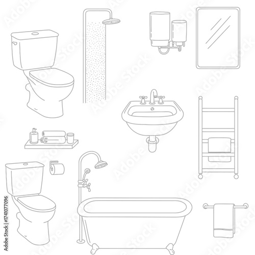 Set of bathroom fixtures including toilets bathtubs sinks and shower elements line art sketches isolated on white background