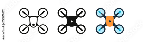 Stylized icons of quadcopters in minimalistic and flat design styles for tech graphics