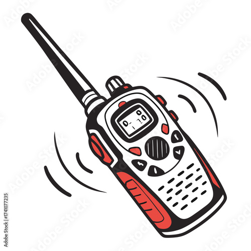 Red and black walkie talkie with sound waves radio