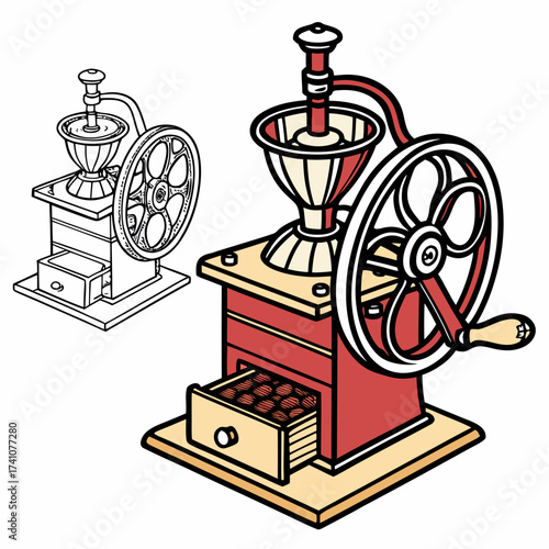 Red and cream coffee grinder with drawer of beans vintage coffee grinder