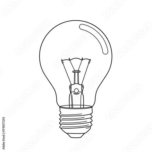 Classic incandescent light bulb line drawing symbolizing ideas innovation and energy creation isolated on white background