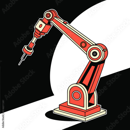 Red and cream robotic arm with black and white background