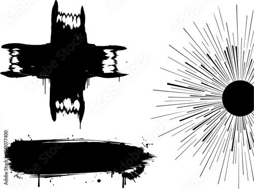 Abstract Black Cross Shape with Jagged Edges and Dripping Paint.