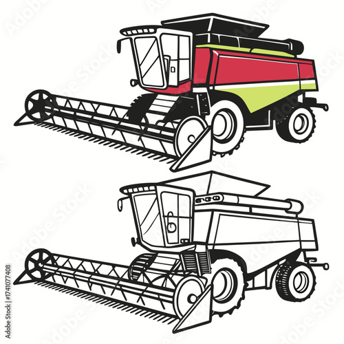 Red and green combine harvester vector illustration