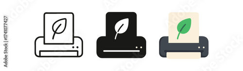 Eco-friendly printer icons featuring leaf symbol in minimalist design