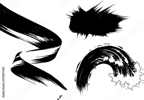 Abstract Black Brushstroke Wave with Splashes and Artistic Design.