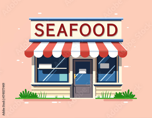 Charming Seafood Shop with Red Awning and Greenery