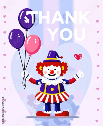 Cheerful Clown Holding Balloons in Heart-Shaped Thank You Card
