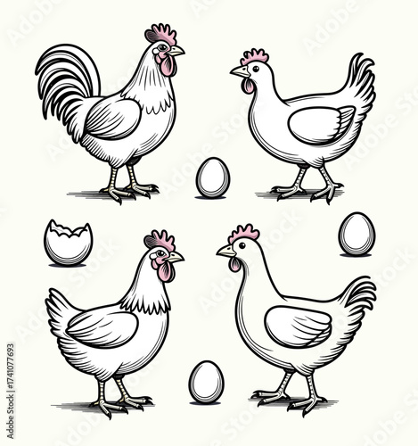 Charming Chickens and Eggs in Vintage Style Illustration