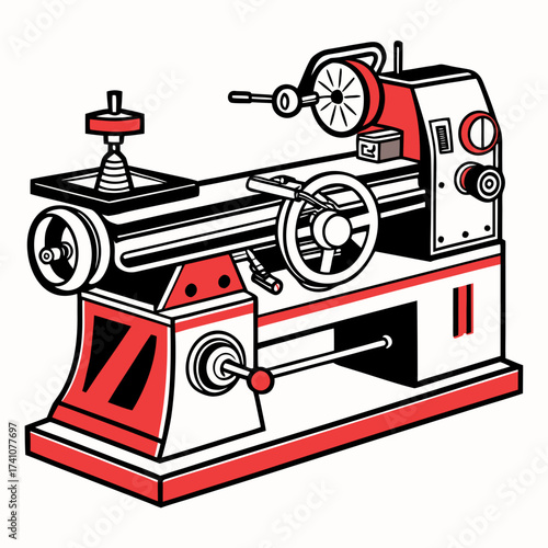 Red and white lathe machine vector illustration industrial