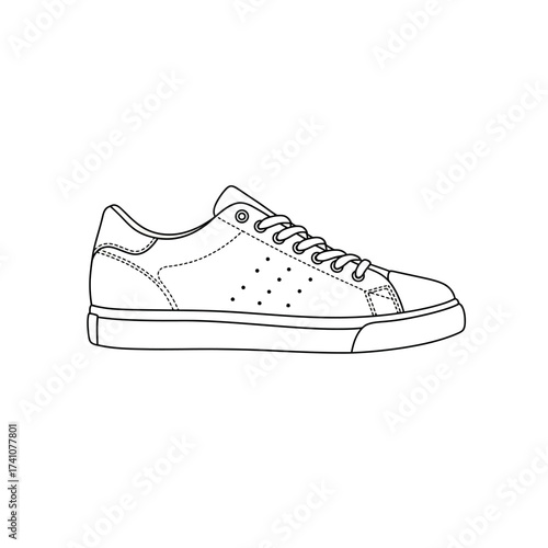 Minimalist line art sketch of a modern casual lace-up sneaker shoe side view isolated isolated on white background