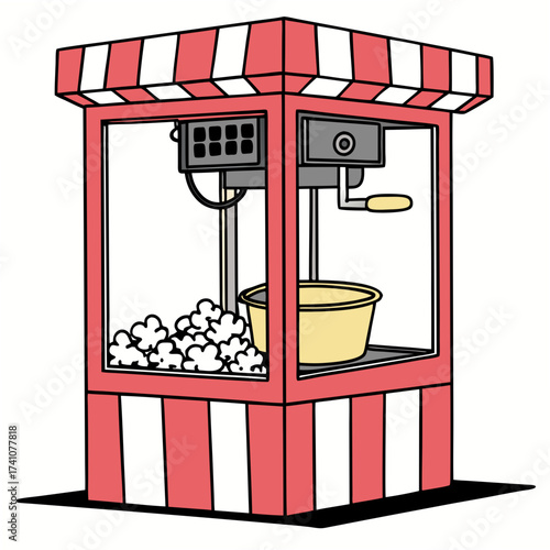 Red and white striped popcorn machine with popcorn