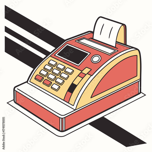 Red and yellow cash register with black stripes electronic