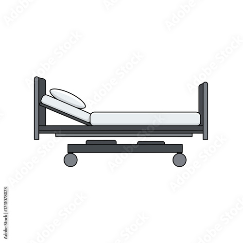 Modern hospital bed with adjustable features and wheels for patient care and mobility isolated on white background