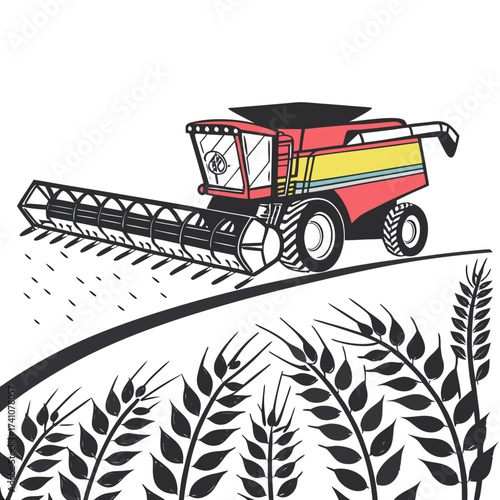 Red and yellow combine harvester in a field agriculture
