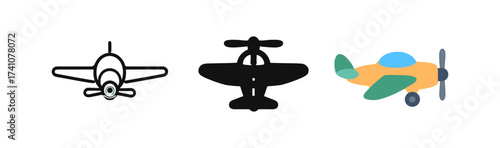 Three airplane icons: outline, silhouette, and flat colorful designs