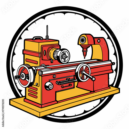 Red and yellow lathe machine vector illustration industrial