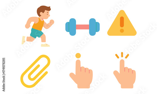Fitness and interaction icons featuring running, exercise, and gestures in flat style