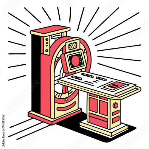 Red and yellow x ray scanner machine with screen medical equipment