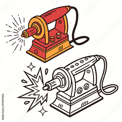 Red and yellow welding machine with sparks and outline version