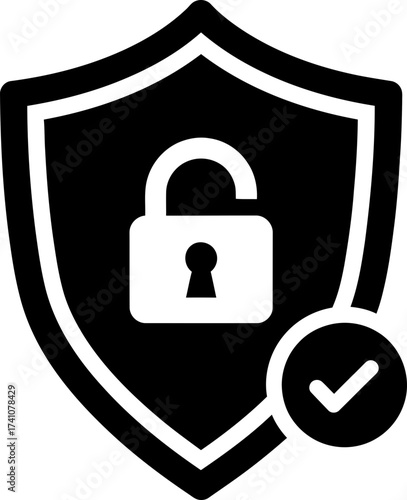 unlocked padlock on shield with checkmark concept for security, protection, guarantee, safety, secure access, data privacy. Vector icon